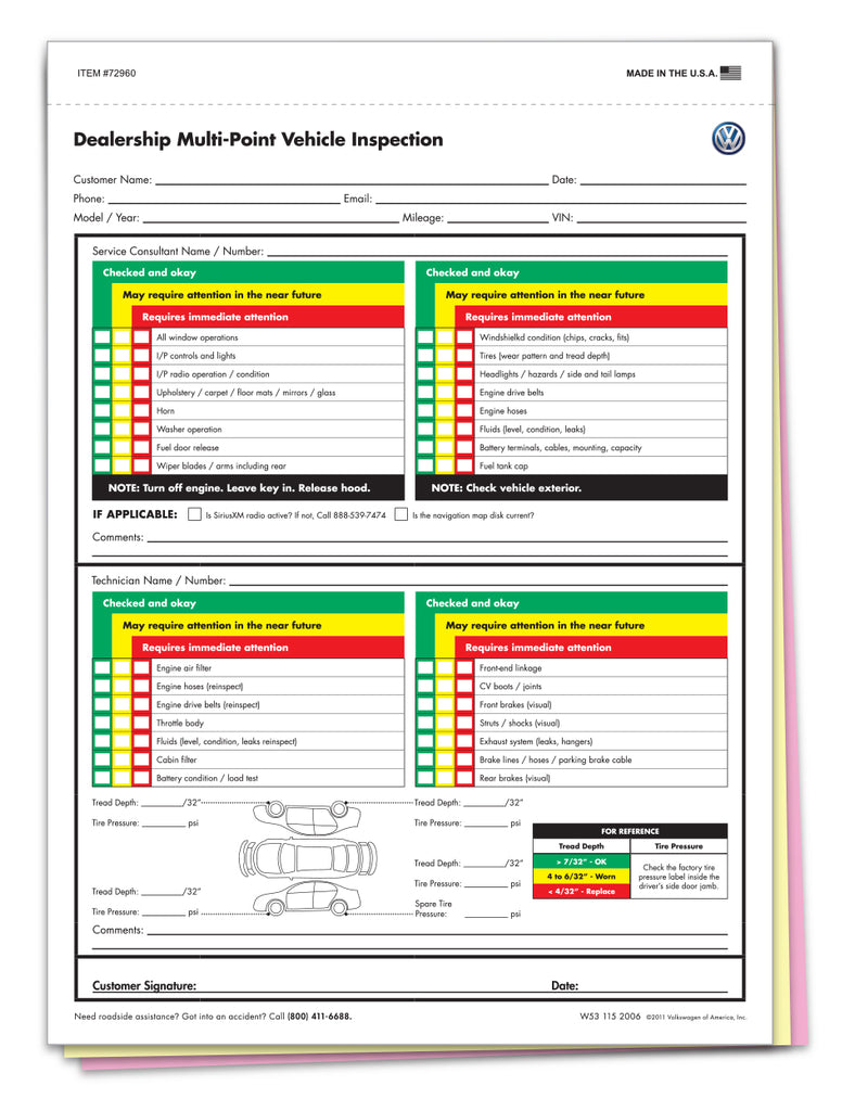 Multi-Point Inspection Forms, 3-Part, Plain | Gam Enterprises