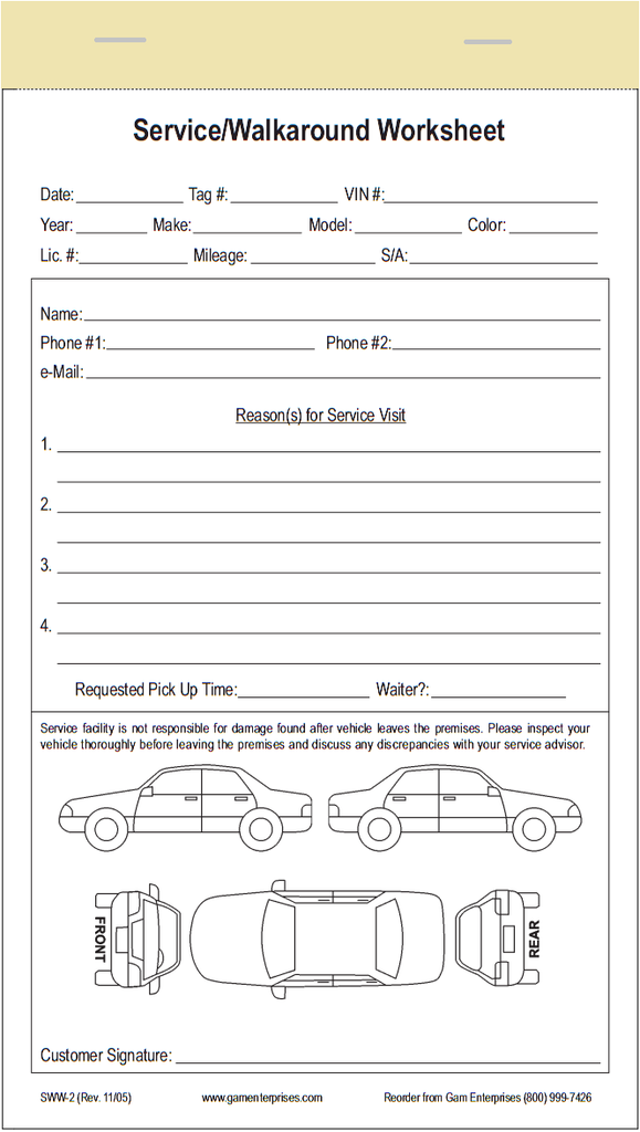 Machine Service Worksheet Service & Parts Departments – Gam Enterprises